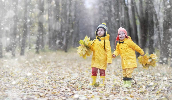 Los niños pequeños en un paseo por el parque de otoño. La primera helada y la primera —  Fotos de Stock