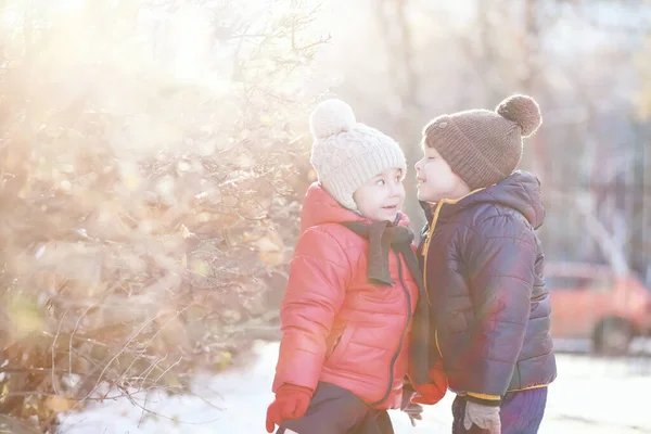 Niños Lindos Ropa Abrigo Jugando Parque Invierno —  Fotos de Stock