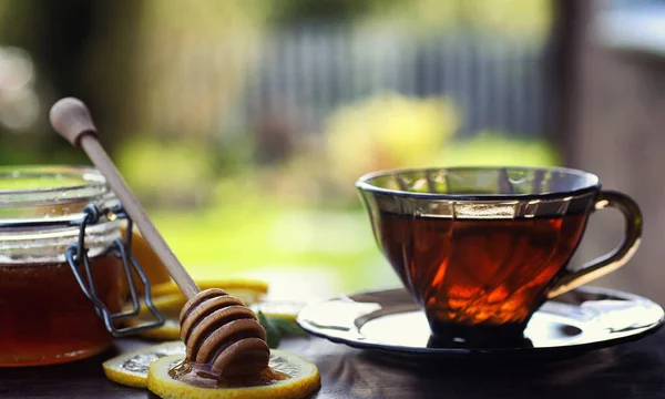 Tee mit Zitrone und Minze in der Natur. eine Tasse heißen Minztee mit le — Stockfoto