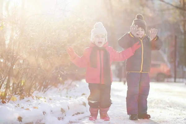 Crianças Bonitos Roupas Quentes Jogando Parque Inverno — Fotografia de Stock