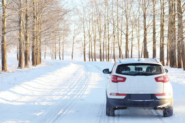 冬季公园白雪覆盖的道路上的白色汽车 — 图库照片
