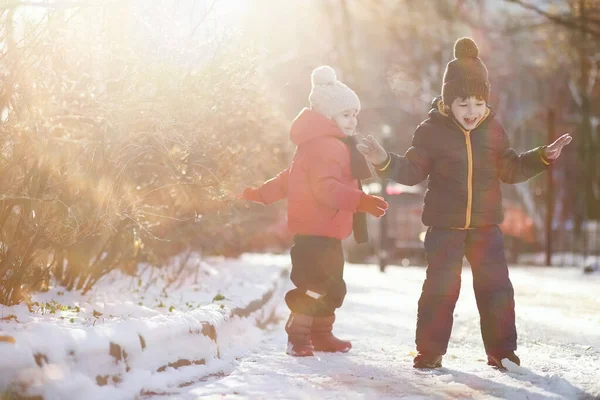Crianças Bonitos Roupas Quentes Jogando Parque Inverno — Fotografia de Stock