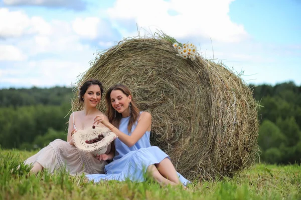 Dos chicas en vestidos en el campo de verano — Foto de Stock