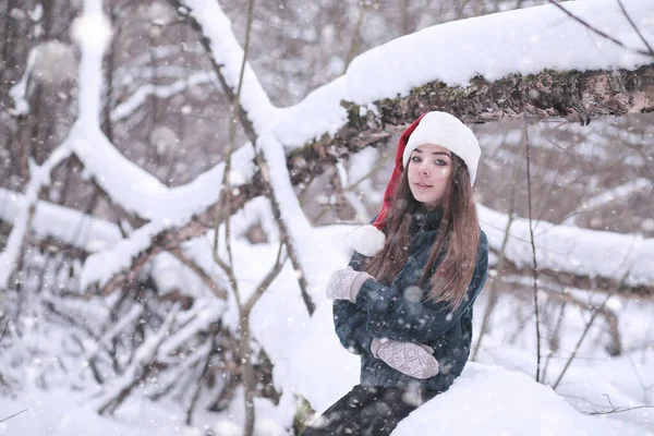 Fille dans un parc d'hiver en chute de neige — Photo