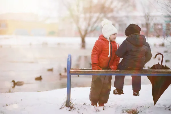 Leuke Kinderen Warme Kleren Spelen Winterpark — Stockfoto