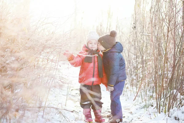 Söta Barn Varma Kläder Leker Vinter Park — Stockfoto