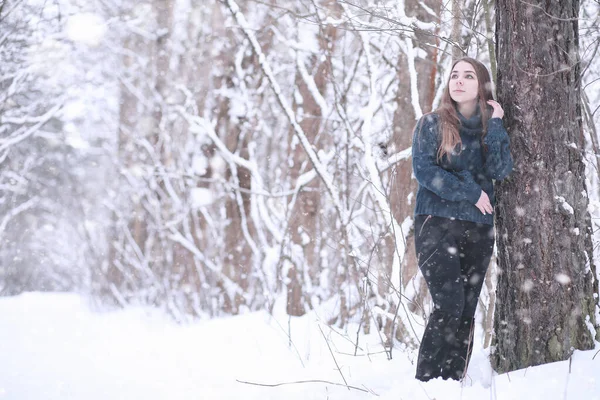 Ragazza in un parco invernale in nevicata — Foto Stock