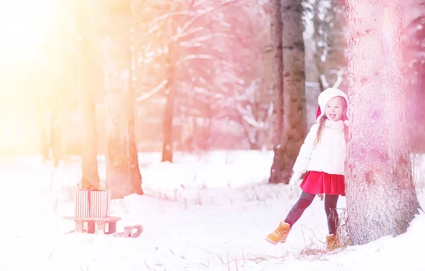 Egy téli mese, egy fiatal anya és lánya ride a szán — Stock Fotó