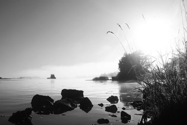 Niebla en el lago. Mañana naturaleza agua niebla blanca . — Foto de Stock