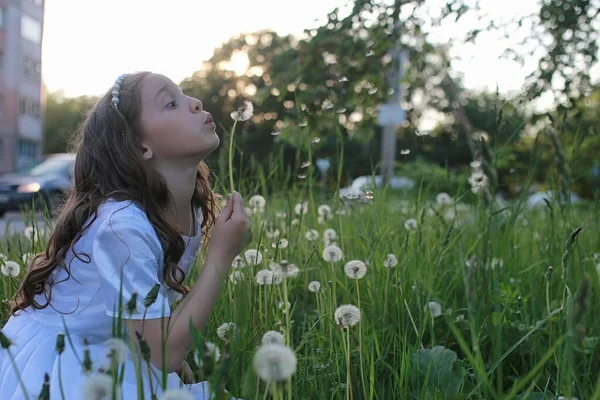 Teen blowing seeds from a dandelion flower in a spring park — Stock Photo, Image