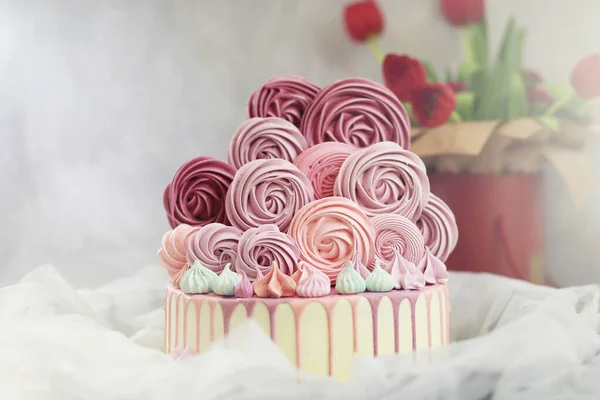 Beau gâteau biscuit festif avec différentes crèmes — Photo