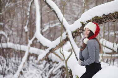 Genç bir kız bir kış parkta bir yürüyüş. Noel tatili t