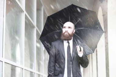 Takım elbiseli kel sakallı bir adam.