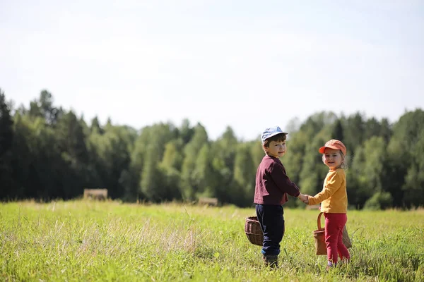 Dzieci idą do lasu po grzyby. — Zdjęcie stockowe