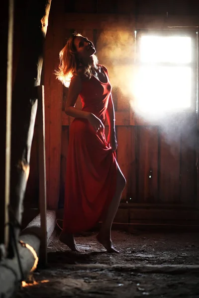 Silhouette of a beautiful girl in a red dress