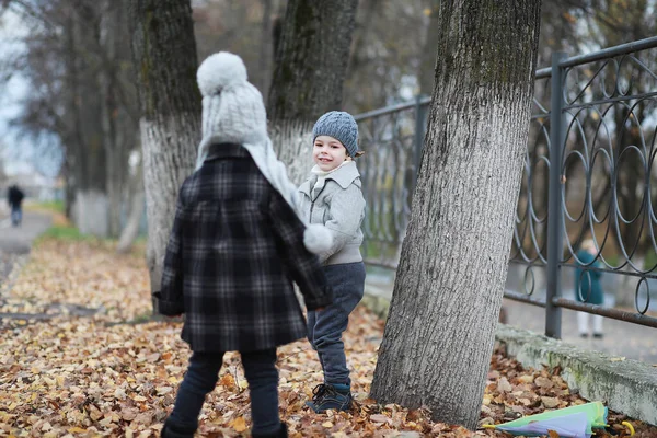 Barn går i høstparken – stockfoto