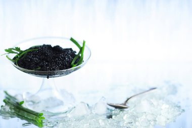 Taze siyah balık yumurtası. Beyaz havyar buzla servis edilir..