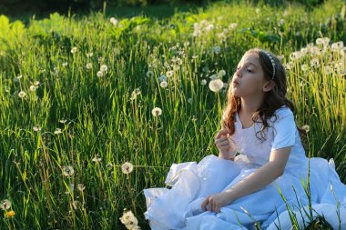 Bir bahar parkta bir karahindiba çiçek tohumlarından üfleme teen