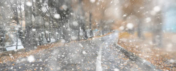 最初の雪の背景秋の公園 — ストック写真