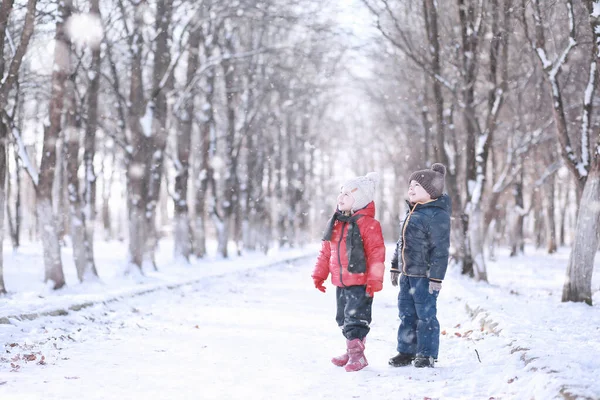 Los niños caminan en el parque primera nieve —  Fotos de Stock