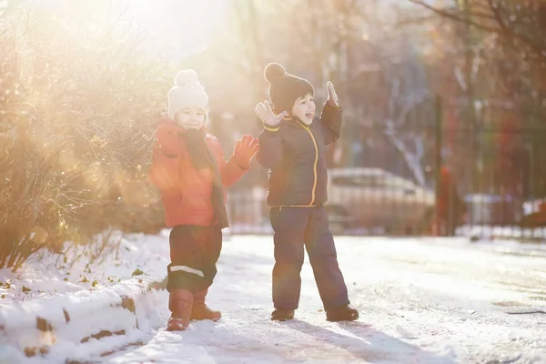 Niños Lindos Ropa Abrigo Jugando Parque Invierno —  Fotos de Stock