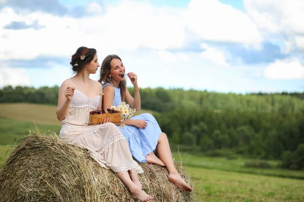Дві дівчини в сукнях на літньому полі — стокове фото