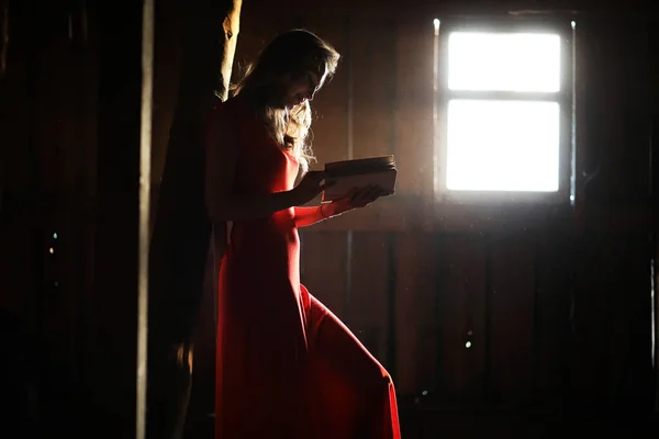 Silueta de una hermosa chica en un vestido rojo — Foto de Stock