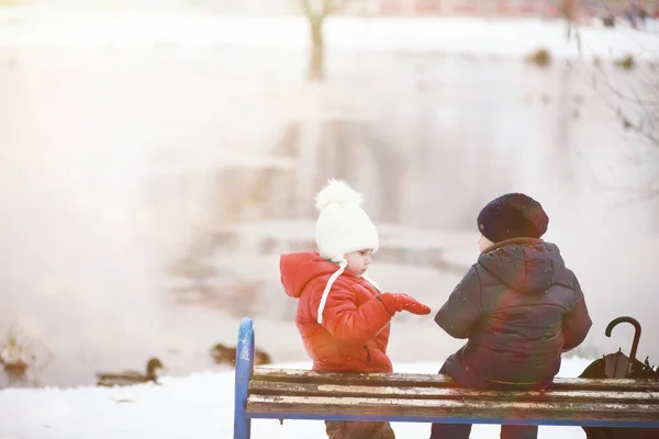 Niños Lindos Ropa Abrigo Jugando Parque Invierno — Foto de Stock