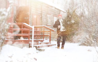 Sokakta kesilmiş bir Noel ağacı olan bir adam. N için Hazırlık