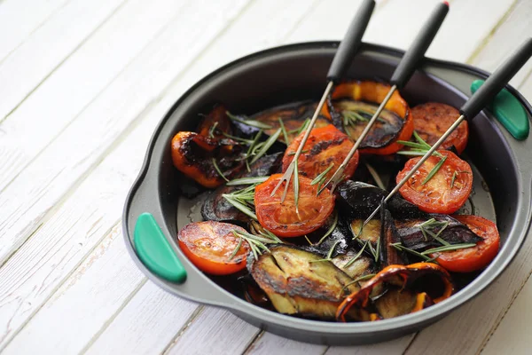 Vegetables grilled pan fried eggplant and tomatoes — Stock Photo, Image