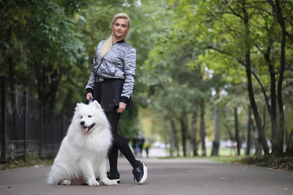 Härlig flicka på promenad med en vacker hund — Stockfoto