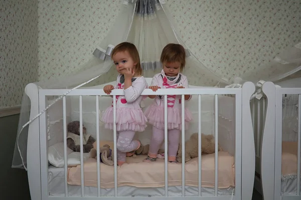 Junge Familie mit Zwillingsmädchen — Stockfoto