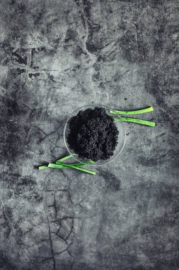 Taze siyah balık yumurtası. Beyaz havyar buzla servis edilir..