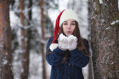 Genç bir kız bir kış parkta bir yürüyüş. Noel tatili t