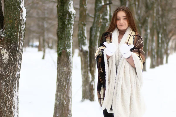 Jovem menina bonita no inverno dia nevado — Fotografia de Stock