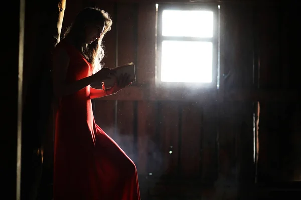 Silhueta de uma menina bonita em um vestido vermelho — Fotografia de Stock