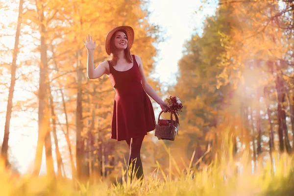 Ένα κορίτσι σε ένα καπέλο σε έναν περίπατο στο πάρκο. Ένα κορίτσι με ένα καλάθι με τα πόδια — Φωτογραφία Αρχείου