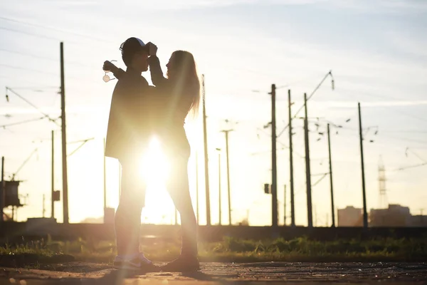 Uitzicht Paar Zonsondergang Silhouet — Stockfoto