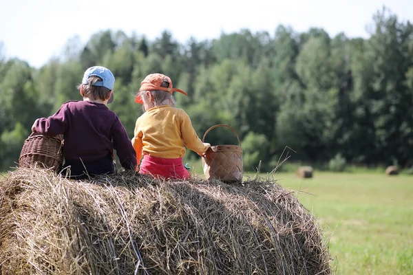 Barn går till skogen för svamp — Stockfoto