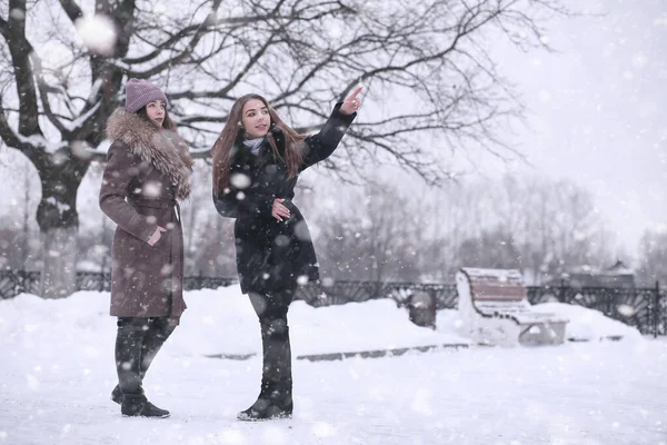 Ragazza in un parco invernale in nevicata — Foto Stock