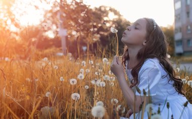 Bir parkta bir karahindiba çiçek tohumlarından üfleme teen