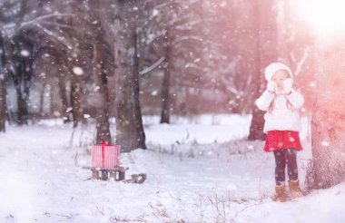 Bir kış masal, genç bir anne ve kızı bir kızak sürmek