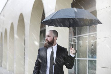 Takım elbiseli kel sakallı bir adam.