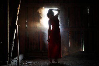 Kırmızı elbiseli güzel bir kız silüeti