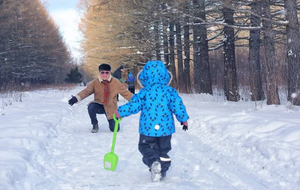 Малюк грає в зимовому парку і розважається з сім'єю — стокове фото
