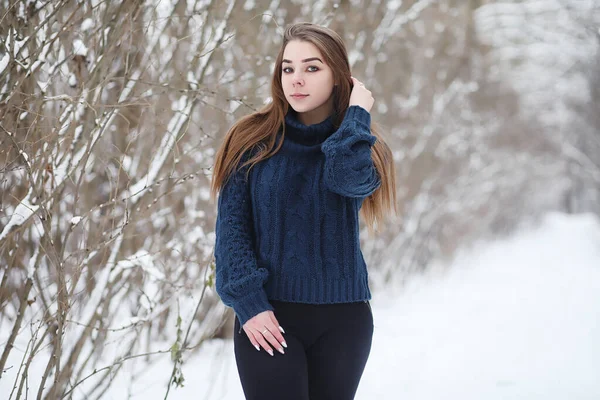 A young girl in a winter park on a walk. Christmas holidays in t — Stock Photo, Image