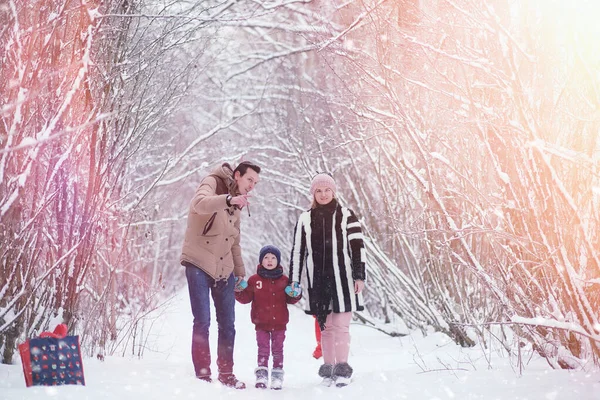Una familia joven con niños está caminando en el parque de invierno. Winte. — Foto de Stock