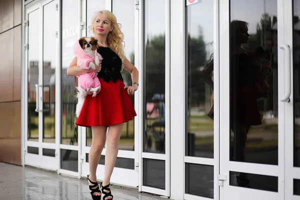 Красивая молодая блондинка с собачкой — стоковое фото