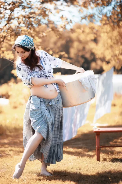 Pregnant Woman Hanging Sheets Rope Drying — Stock Photo, Image