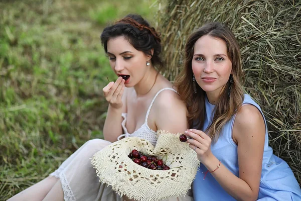 Dos chicas en vestidos en el campo de verano — Foto de Stock